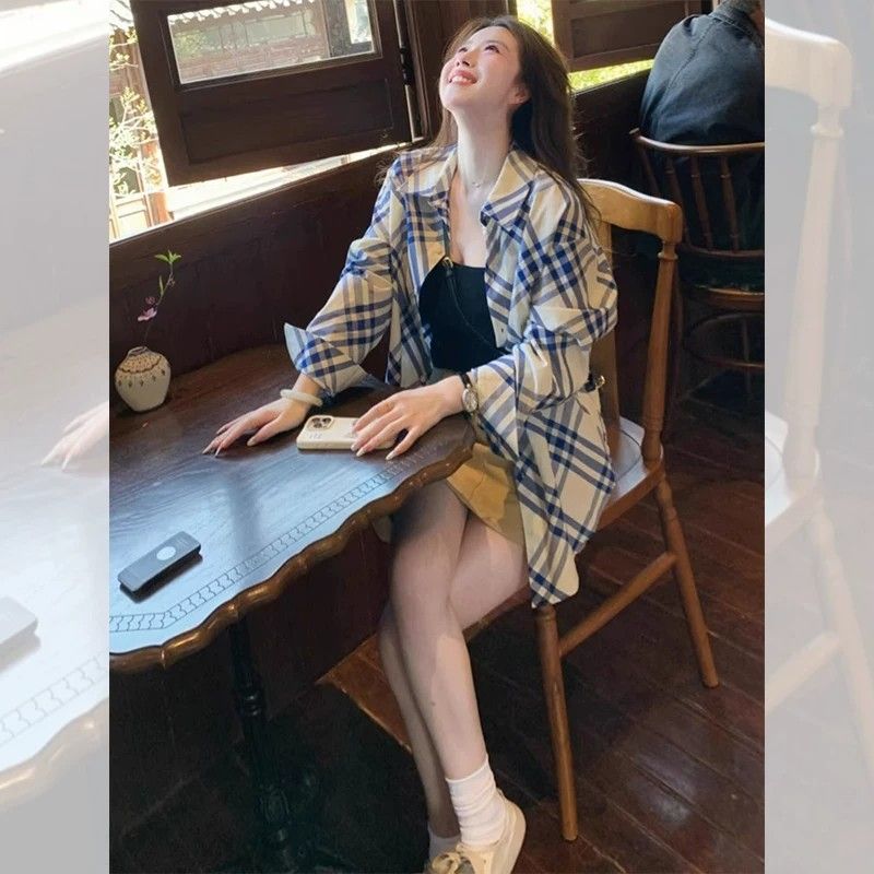 블루 화이트 사선 무늬 체크무늬 자외선 차단 여성 셔츠 여름 루즈핏 긴팔 맨위 재킷 슈퍼 디스플레이 화이트