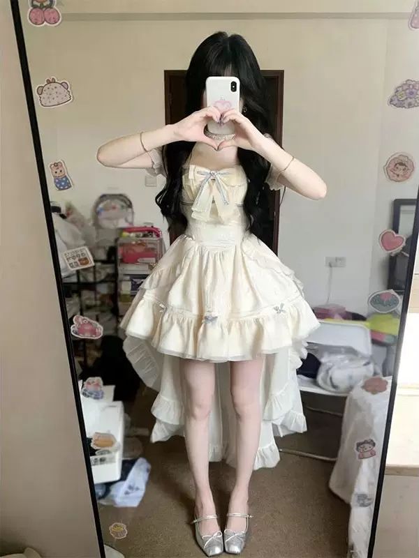 달콤함 품격 3 차원 자카드 끌기 꼬리 분위기 센스 공주 여성 드레스 여름 고급 센스 생일 퍼프 치마