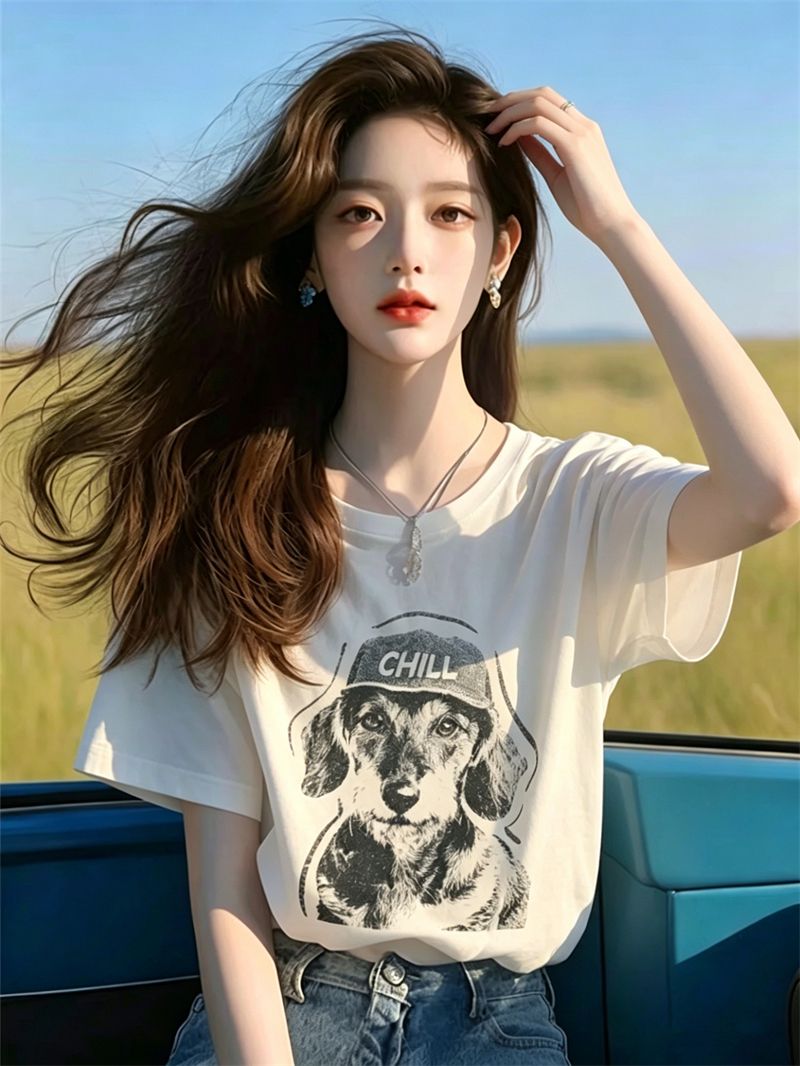 경관 그림 21 순면 210 그램 여름 드레스 반팔 티셔츠 여성 한국 스타일 빅 사이즈 루즈핏