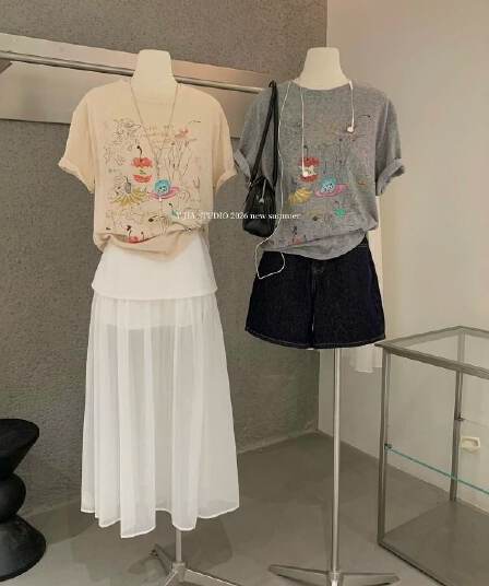 경관 그림 21 순면 210 그램 여름 드레스 반팔 티셔츠 여성 한국 스타일 빅 사이즈 루즈핏