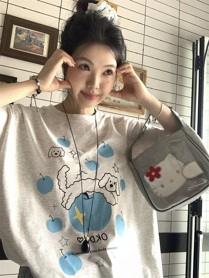 경관 그림 21 순면 210 그램 2026 년 여름 드레스 반팔 티셔츠 여성 프린트
