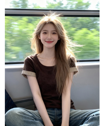 210 그램 순면 리브 92 면 8 암모니아 Lun 티셔츠 여성 여름 새로운 배색 디자인 연령 감소 슬림해 보이는 달콤한 자매 맨위
