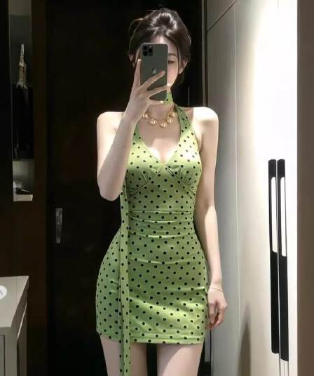 폴리 에스터 인터넷 원단 네리 레트로 리본 도트 무늬 여성 드레스 여름 녹색 V넥 슬립 허리 수축 타이트 스커트 미니 스커트