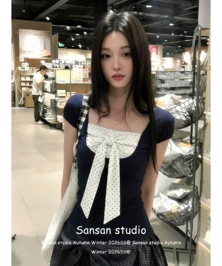와 사고 방식 페이크 레이어드 광장 칼라 반팔 여성 여름 나비 매듭 도트 무늬 티셔츠 허리 수축 슬림해 보이는 핫걸 맨위
