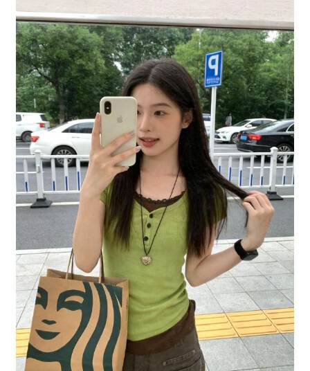 프랑스 리브 원본 원단 페이크 레이어드 레이스 라운드 넥 반팔 티셔츠 여성 몸매 가꾸기 다용도 슬림해 보이는 맨위