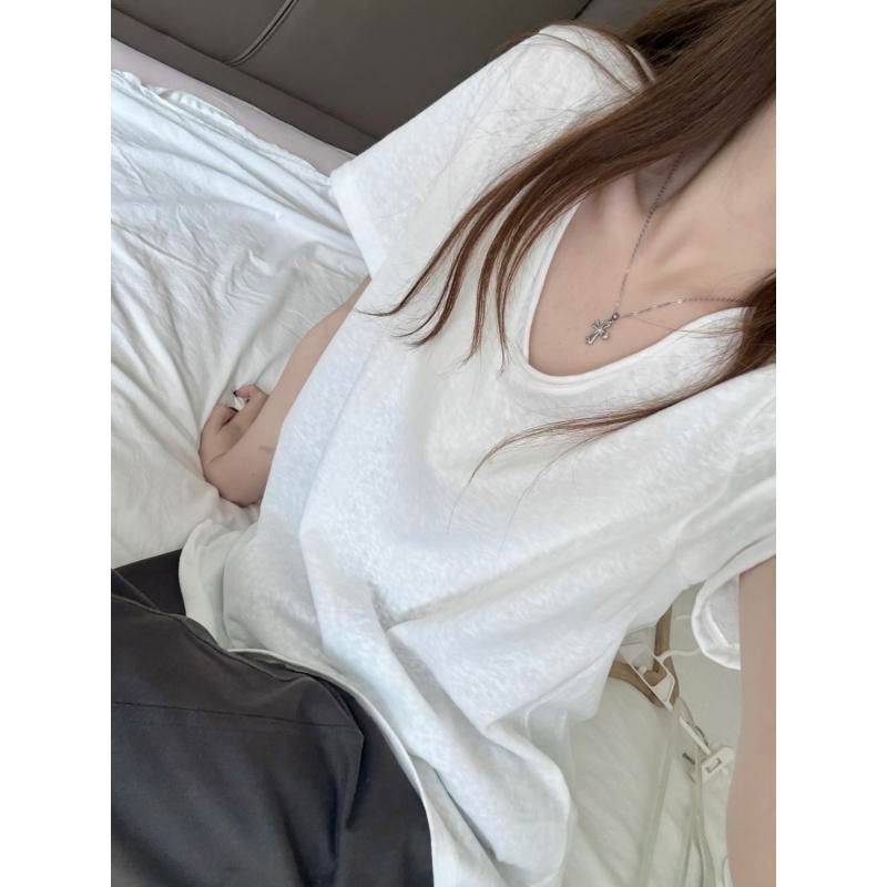 경관 그림 게으른 면 여름 V넥 눈꽃 면 느긋한 바람 루즈핏 반팔 티셔츠 여성 한국 스타일 단색 맨위
