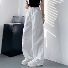 批发官图 白色防晒速干裤<b class='q'>女</b>夏轻薄阔腿裤胖<b class='q'>mm</b>高腰褶皱运动工装裤
