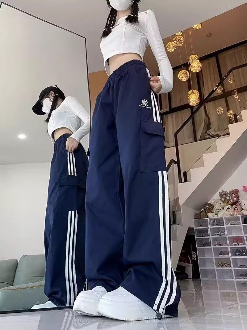 아메리칸 높음 거리 hiphop 워크웨어 팬츠 여성 봄 여름 섹션 루즈핏 스트레이트 웃음 하 kpop 무용 서비스 넓은 다리 운동 바지