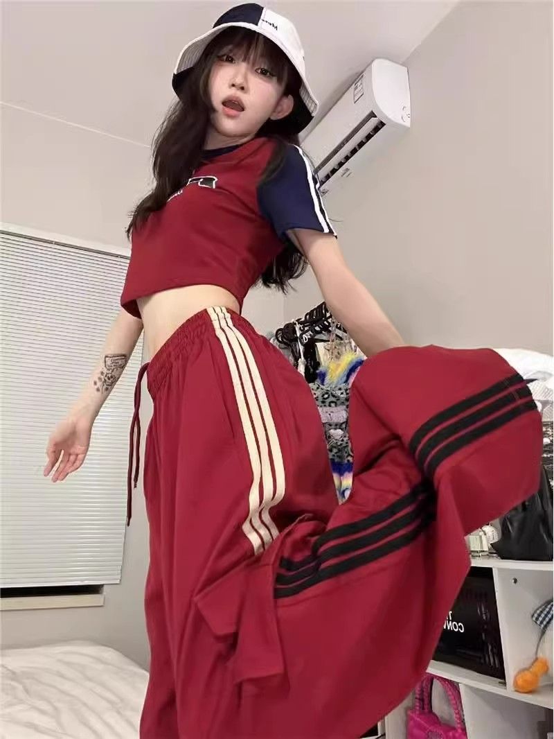아메리칸 레트로 빨간색 스트라이프 캐주얼 바지 남녀 봄 여름 새로운 높음 거리 조수 브랜드 루즈핏 운동 워크웨어 와이드 레그 팬츠