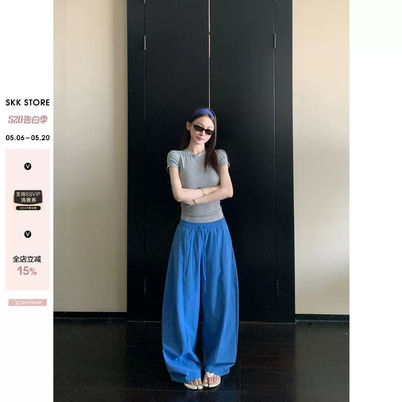 파란색 속도 건조한 모통이 칼 워크웨어 팬츠 여성 여름 얇은 스타일 캐주얼 아메리칸 와이드 레그 팬츠 어린이 작은 키 레트로 운동 바지