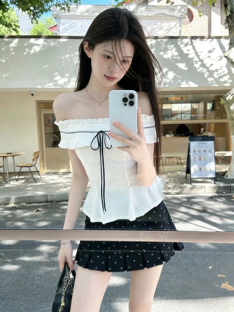프랑스식 순수한 욕망 달콤함 몸매 가꾸기 오프숄더 맨위 투피스 슈트 여성 디자인 센스 도트 무늬 반신 짧은 치마 여름