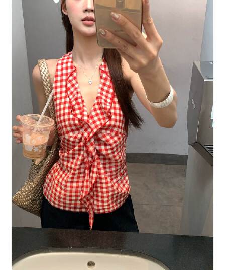 원본 원단 것 캐미솔 여름 새로운 아름다움 뒤로 빨간색 체크무늬 핫걸 민소매 행침 목 맨위 여성