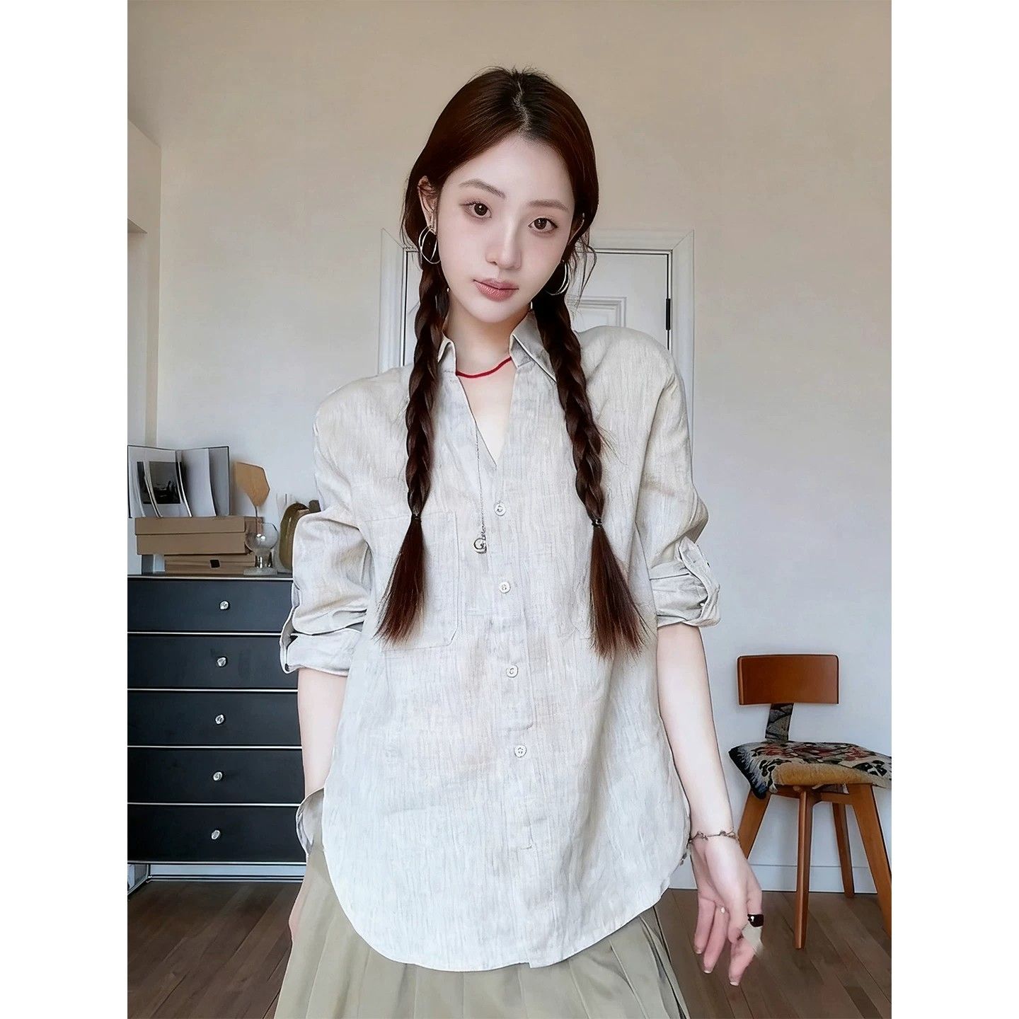 착용 가져 가라. V넥 긴팔 여성 셔츠 봄 디자인 센스 셔츠 재킷 루즈핏 캐주얼 얇은 스타일 맨위 트렌디
