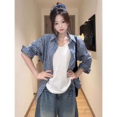 批发雾霾蓝格纹防晒<b class='q'>衬衫女</b>2026新款长袖宽松显瘦法式宽松上衣