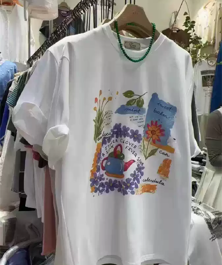 경관 그림 21 순면 210 그램 순면 여름 드레스 반팔 티셔츠 여성 한국 스타일 빅 사이즈 루즈핏