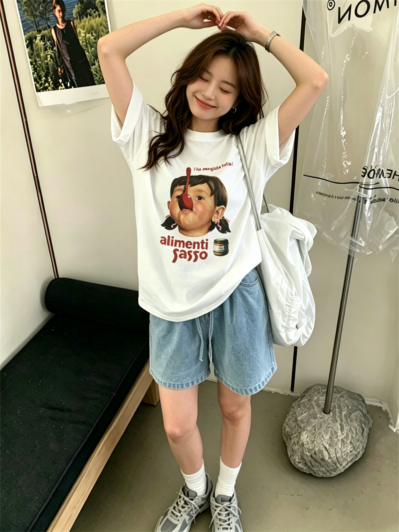 경관 그림 21 순면 210 그램 순면 여름 드레스 반팔 티셔츠 여성 한국 스타일 빅 사이즈 루즈핏