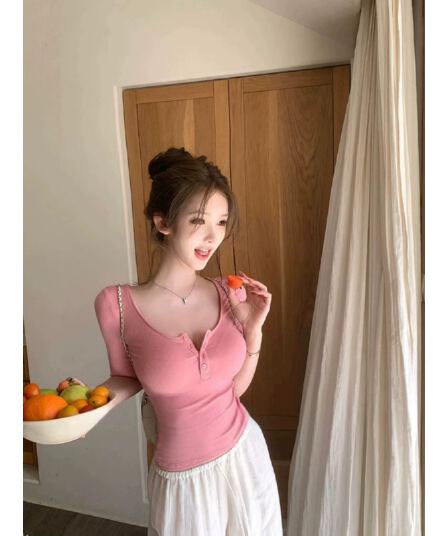 260 그램 훌륭함 면 리브 46 면 46 접착제 8 암모니아 핫걸 헨리 u 칼라 반소매 티셔츠 여성 여름 몸매 가꾸기 맨위