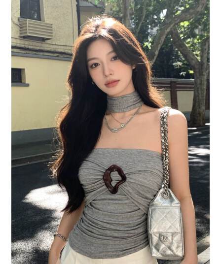 와 사고 방식 주름 슬림해 보이는 새는 어깨 행침 목 캐미솔 반지 버클 디자인 오프숄더 맨위 여름 하나 의류 기타 착용
