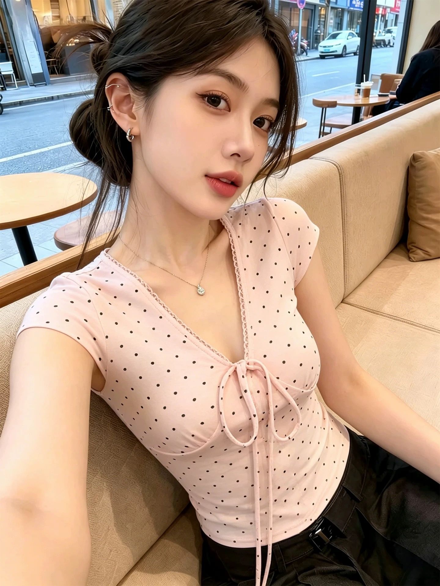 2026 새로운 달콤한 매운맛 바람 도트 무늬 V넥 레이스업 몸매 가꾸기 반팔 티셔츠 여름 레이스 레이스 miu 첨부 된 의류 여성