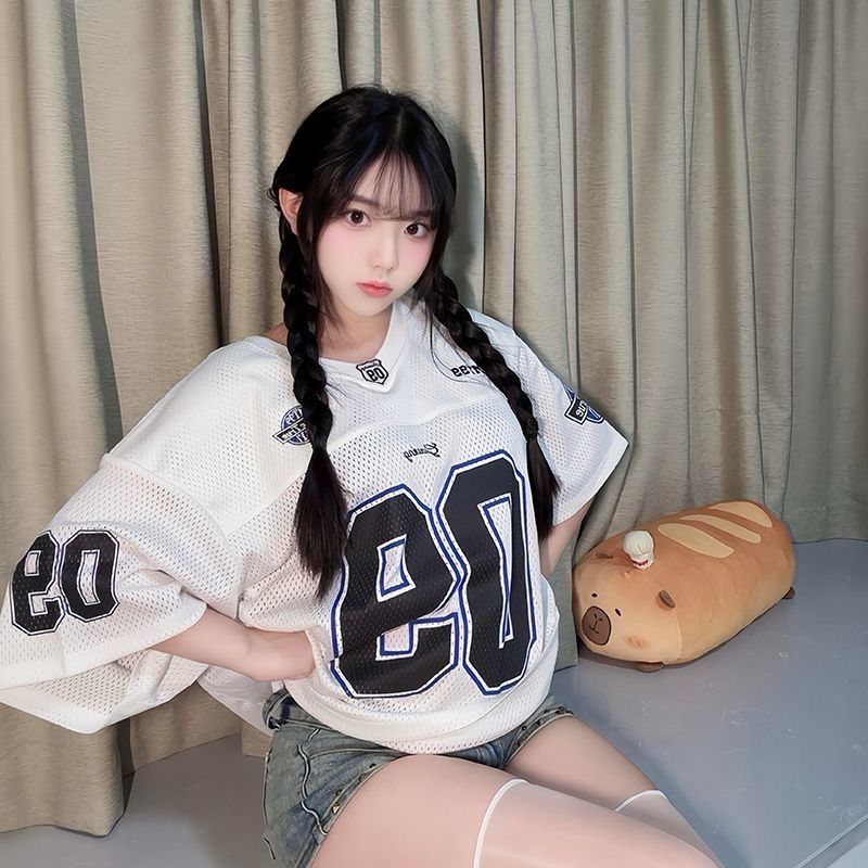 달콤함 학원 스타일 착용 가져 가라. V넥 메쉬 반팔 티셔츠 여성 여름 폭발 운동 바람 저지 루즈핏 다용도