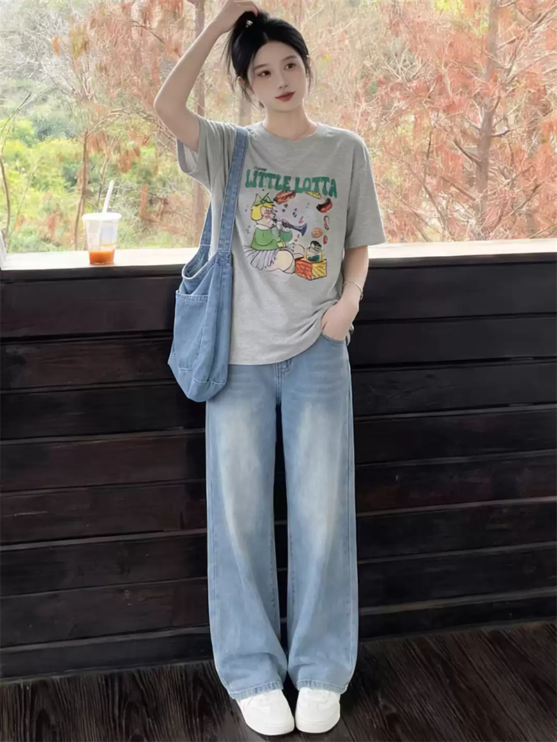 경관 그림 21 순면 210 그램 순면 여름 드레스 반팔 티셔츠 여성 한국 스타일 빅 사이즈 루즈핏
