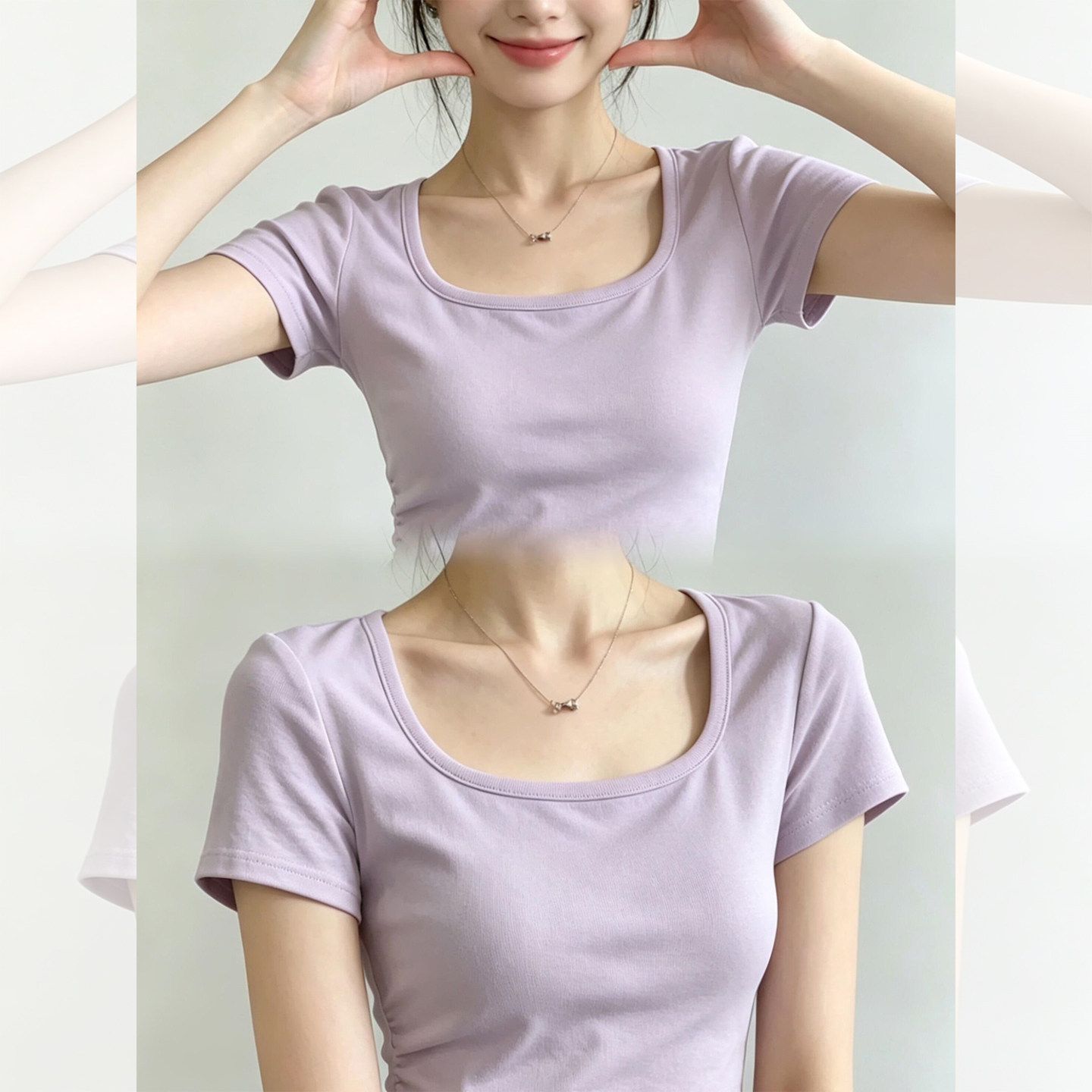 190 그램 물 부드러운 면 95 면 5 암모니아 Lun 부드러운 바람 광장 칼라 반팔 티셔츠 여성 여름 새로운 도파민 착용 가져 가라.