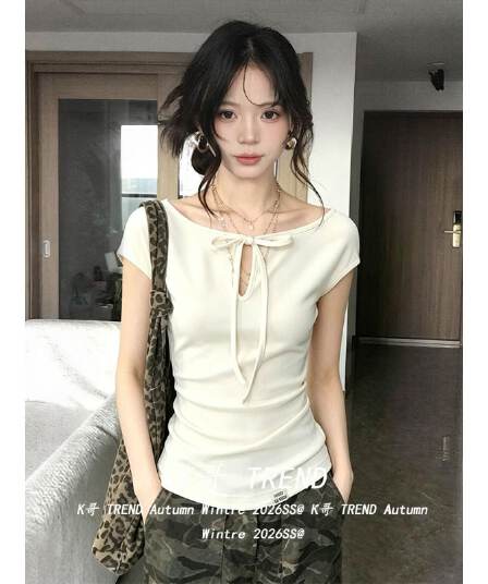 와 사고 방식 아메리칸 핫걸 바람 레이스업 홀로우 아웃 반팔 티셔츠 여성 여름 펌프 Pleat 허리 수축 슬림해 보이는 긍정적 인 어깨 의류