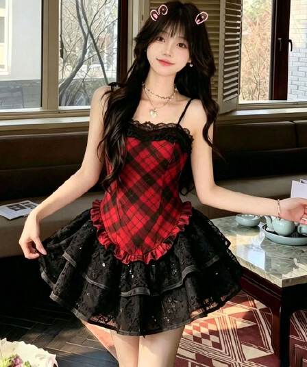 소녀 프랑스식 체크무늬 슬립 드레스 쇼트 스타일 퍼프 스커트 달콤한 매운맛 바람 빨간색 검은 격자 party 작은 치마