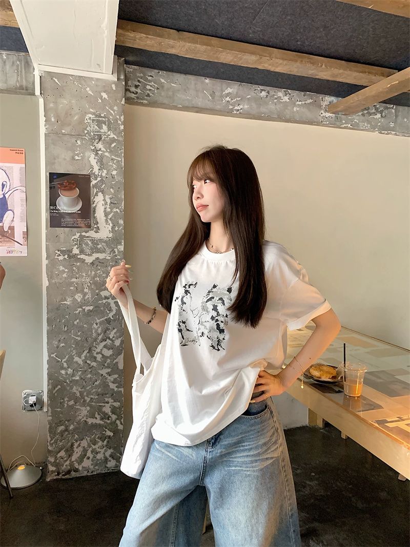경관 그림 21 순면 210 그램 순면 여름 드레스 반팔 티셔츠 여성 한국 스타일 빅 사이즈 루즈핏