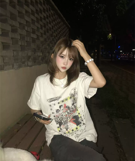 경관 그림 21 순면 210 그램 순면 여름 드레스 반팔 티셔츠 여성 한국 스타일 빅 사이즈 루즈핏
