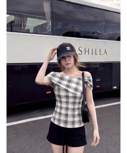 원본 것 순수한 욕망 바람 체크무늬 오프숄더 반팔 티셔츠 여름 쇼트 스타일 몸매 가꾸기 검정색 핫걸 맨위