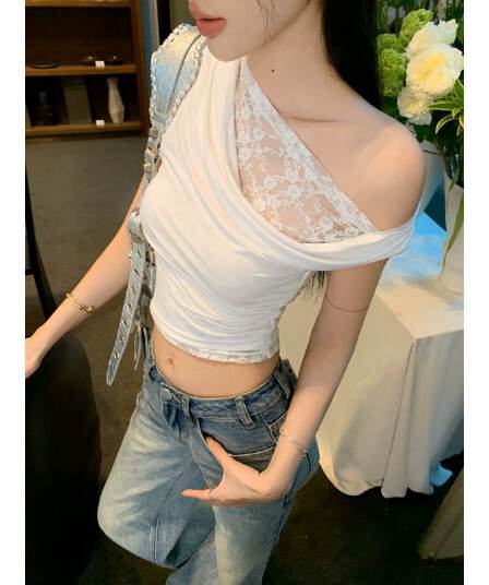 아침 칼라 불규칙 흔들다 칼라 비스듬한 어깨 레이스 반팔 티셔츠 여성 여름 달콤한 핫걸 오프숄더 쇼트 스타일 작은 맨위 아름다운