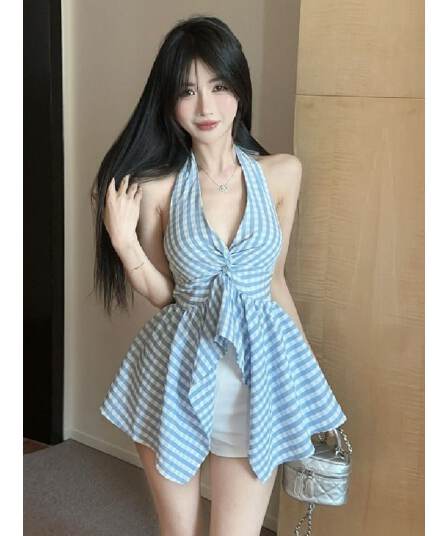 원본 원단 프랑스식 V넥 행침 목 체크무늬 캐미솔 여름 불규칙 허리 수축 맨위