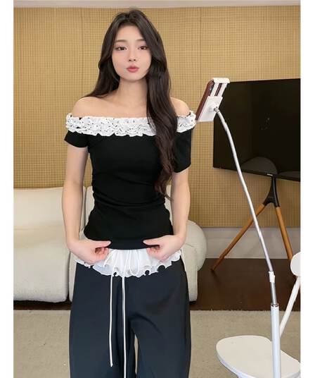 사람들 면 260 그램 프랑스식 디자인 센스 다중 레이어 레이스 비스듬한 칼라 반팔 티셔츠 여름 핫걸 오프숄더 맨위