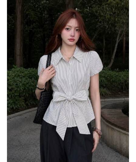원본 것 스트라이프 반팔 여성 셔츠 여름 허리 수축 POLO 칼라 단추 맨위 허리 수축 여성 셔츠