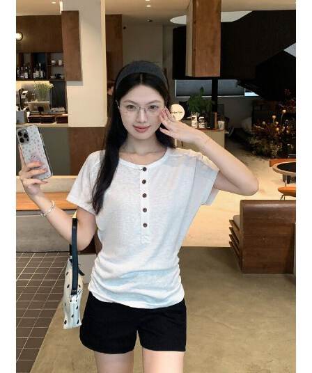 200그램 게으른 면 65 면 35 폴리 에스터 라운드 넥 긍정적 인 어깨 반팔 티셔츠 여성 여름 새로운 작은 대중 허리 수축 슬림해 보이는 맨위