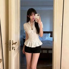 批发【广州原版质量】条纹收腰荷叶边翻领短袖衬衫女<b class='q'>夏</b>后背绑带上衣