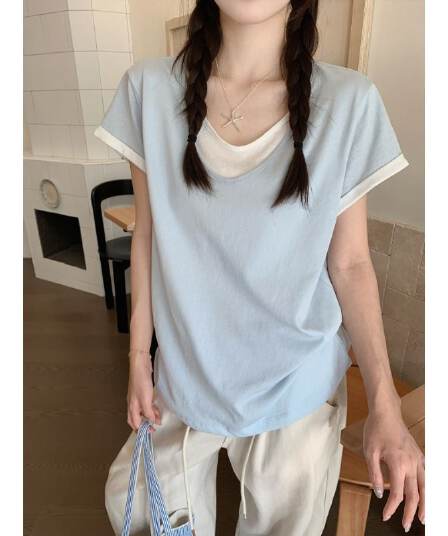 원본 눈꽃 면 화이트 페이크 레이어드 긍정적 인 어깨 반팔 티셔츠 여성 여름 빅 사이즈 느긋한 센스 맨위