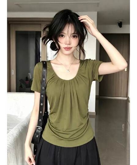 원본 원단 것 한 부서 주름 u 칼라 반팔 티셔츠 수신 Pleat 핫걸 몸매 가꾸기 슬림해 보이는 맨위 여성
