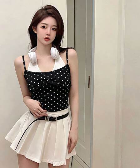 정가 아메리칸 핫걸 패치워크 도트 무늬 행침 목 페이크 레이어드 캐미솔 여름 외출용 민소매 작은 맨위