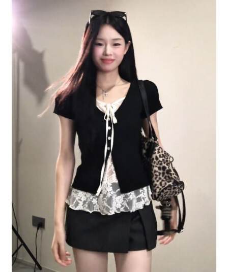원본 것 한 부서 순수한 욕망 바람 레이스 조각 페이크 레이어드 반팔 티셔츠 여성 여름 몸매 가꾸기 슬림해 보이는 맨위