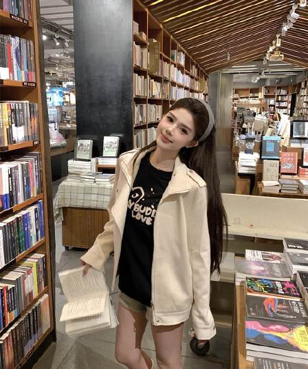 titi 작은 자매 화이트 숙련 된 연인 스웨이드 여성 코트 가을 베이지 색 디자인 센스 오토바이 바람 루즈핏 재킷