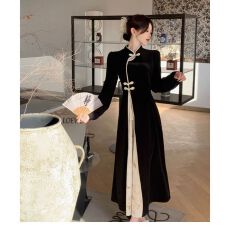 批发早<b class='q'>秋</b>新中式国风复古改良旗袍裙子女装大码胖mm欧美长袖高腰连衣裙