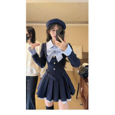 批发早秋新款学院风假两件蝴蝶结<b class='q'>连衣裙</b>女甜美收腰<b class='q'>蓬蓬</b>百褶裙a字短裙