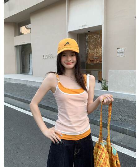260 그램 사람들 면 주황색 패치워크 페이크 레이어드 캐미솔 여름 핫걸 몸매 가꾸기 민소매 맨위