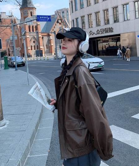 원본 것 가을 브라운 가죽 재킷 여성 코트 작은 키 항구 바람 레트로 아메리칸 가죽 자켓 아름다움 라드. 오토바이