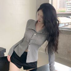 批发秋季针织长袖衬衫设计感小众polo领纯欲气质修身显瘦上衣