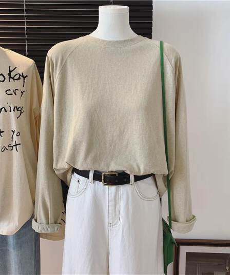경관 그림 봄 가을 긴팔 티셔츠 여성 루즈핏 한국 스타일 인사이드 가져 가라. 기본 셔츠 외국 가스 삽입 어깨 소매 맨위
