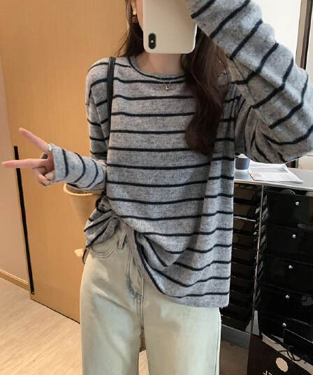원본 원단 가을 스트라이프 긴팔 인사이드 가져 가라. 티셔츠 여성 미니멀리즘 느긋한 바람 루즈핏 다용도 외출용