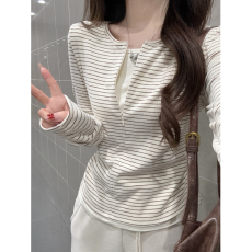 250克慕斯条90阳离子10氨纶条纹长袖T恤女秋季假两件打底衫上衣
